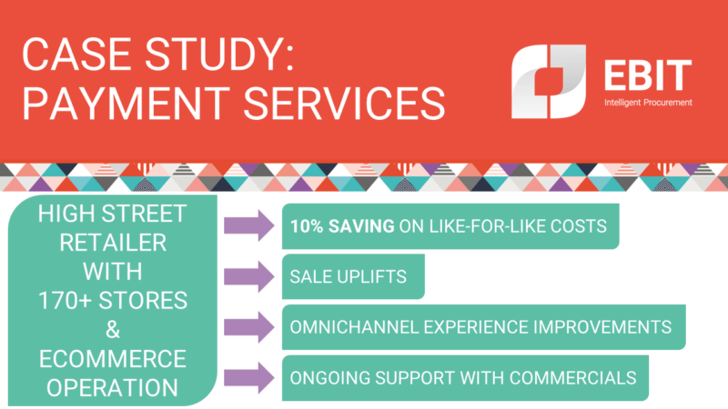 Case study: payment services. Ebit worked with a high street retailer with 170+ stores and an ecommerce operation. 10% saving on like for like costs, sale uplifts, omnichannel experience improvements, ongoing support with commercials