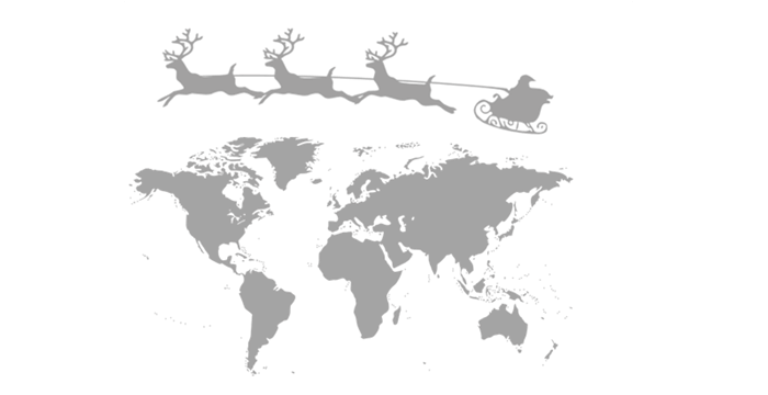 reindeers and father christmas or santa flying over a map of the world